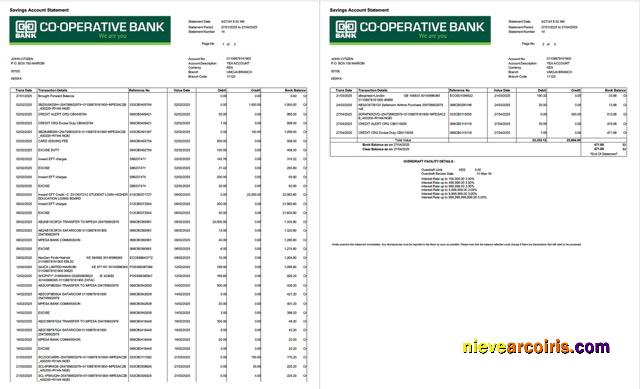 Kenya Co-operative Bank account statement Word and PDF, 2 pages